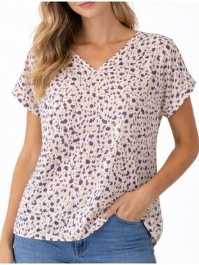 CAbi Meow Top. V-Neck Short Sleeve Top with Lavender Spot Print
